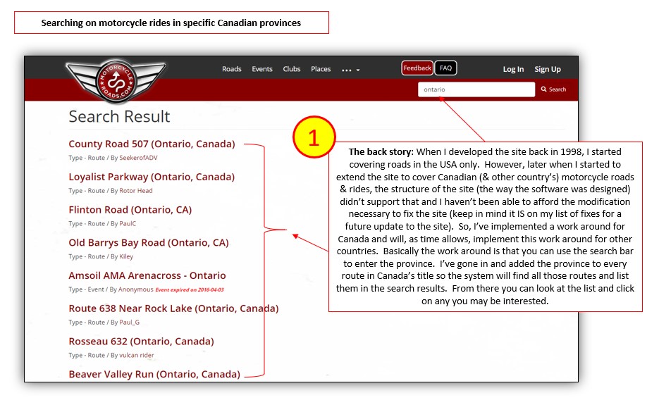 Find motorcycle rides in specific Canadian provinces