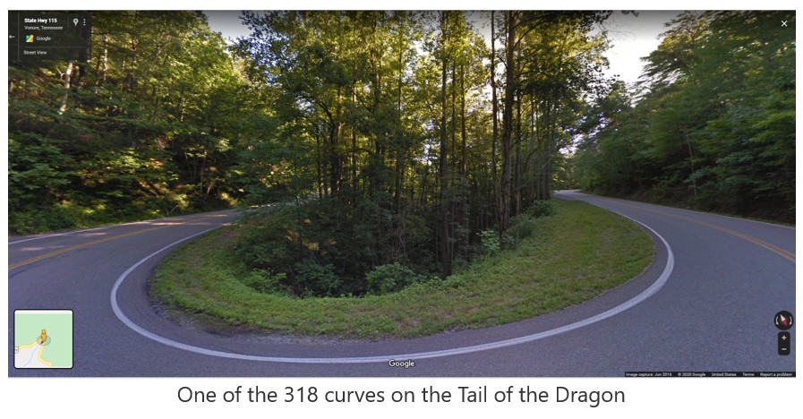 photo of a curve along the Dragon's Tail motorcycle ride in Tennessee