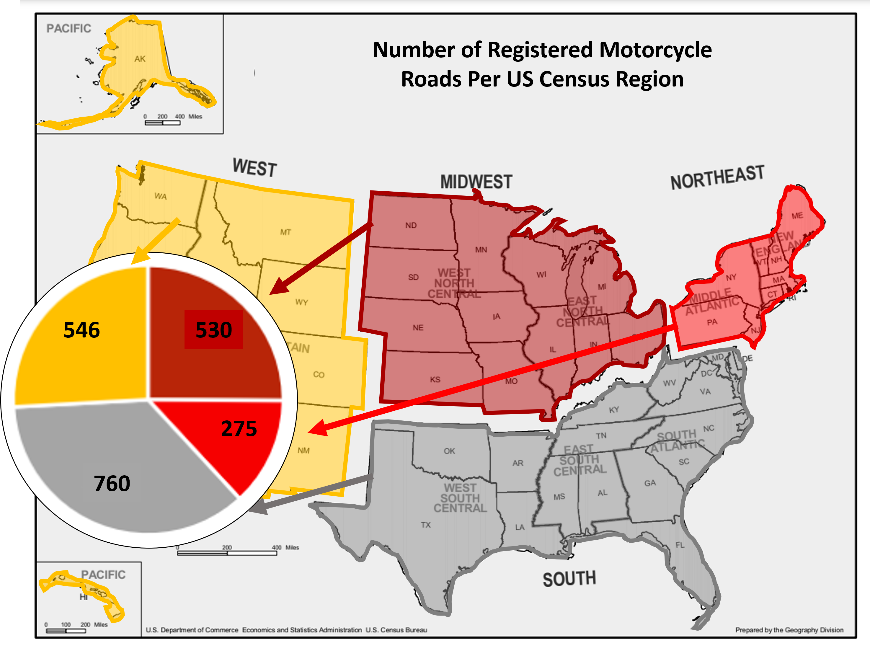 number of registered motorcycle roads in each of the four US regions