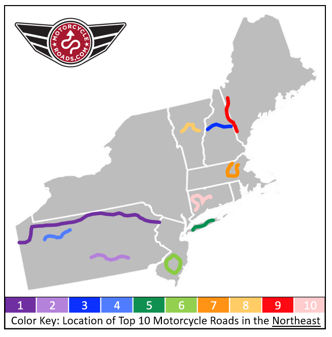 map of the top 10 motorcycle rides in the northeast
